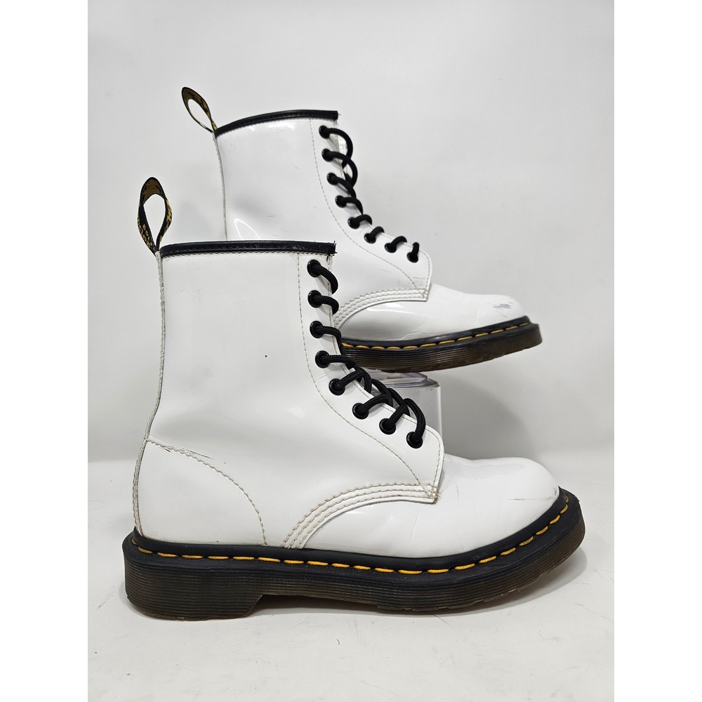 Dr. Martens 1480 White Patent Leather 8-Eye Combat Boots | Black Trim | GUC